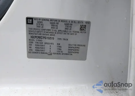 2015 Chevrolet Silverado 1500 1Lt from USA, damaged, VIN 3GCPCREC7FG152519